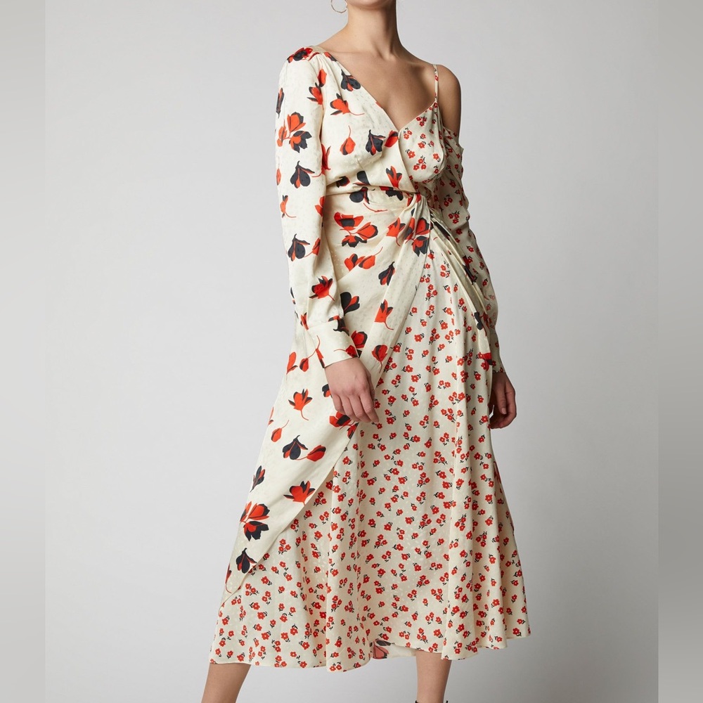 O.P.T. Emilia White Floral Satin One Shoulder Dress